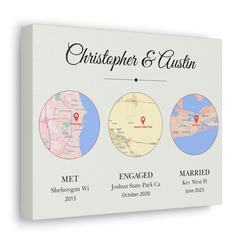 Printify Canvas Gallery Wraps 10x8 - Christopher & Austin - Met Engaged Married Map