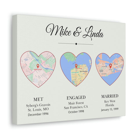 Canvas Gallery Wraps 14x11 Printify - Met Engaged Married Map - Mike & Linda