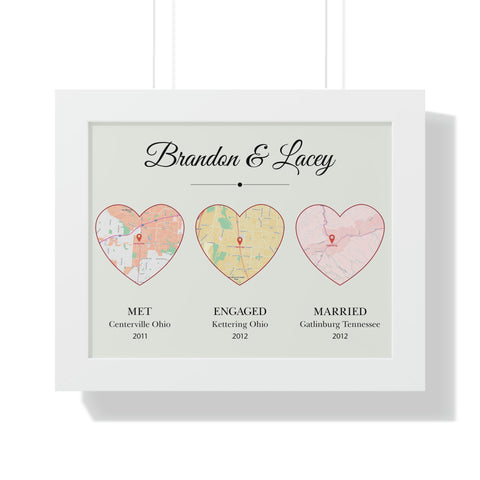 Printify White 11x14 Framed Horizontal Poster - Met Engaged Married Map - Brandon & Lacey