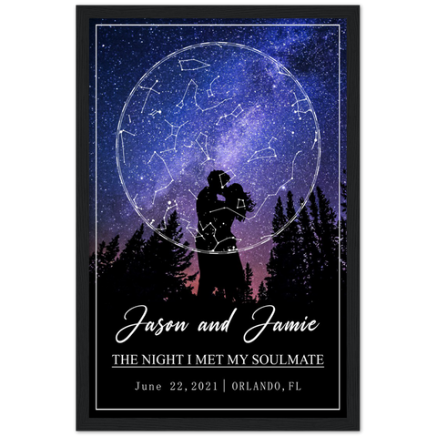 Star Map -- Jason and Jamie June 22, 2021 -- Black framed 12x18 -- Gelato