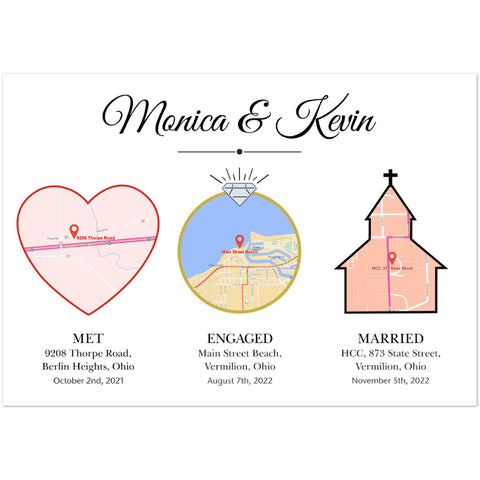 Gelato Premium Matte Poster 40x28 - Monica & Kevin - Two Hearts One House Map