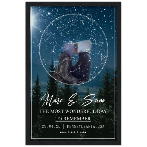 Star map -- Marc & Sam 29.04.20 -- Black framed 12x18 -- Gelato